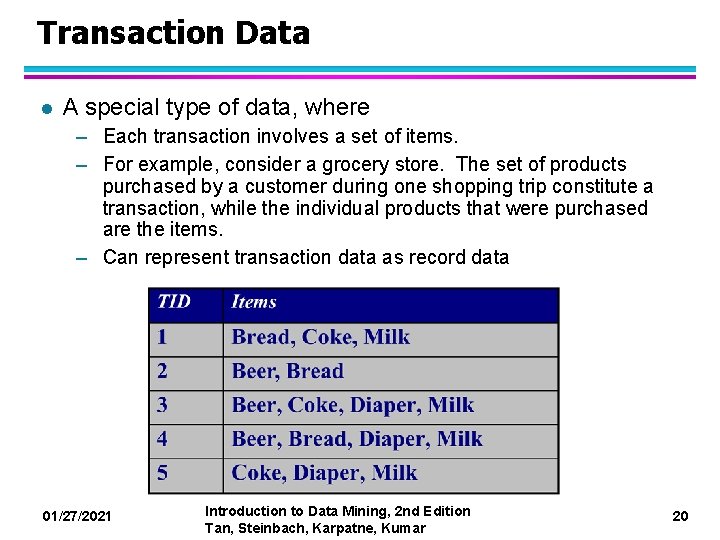 Transaction Data l A special type of data, where – Each transaction involves a
