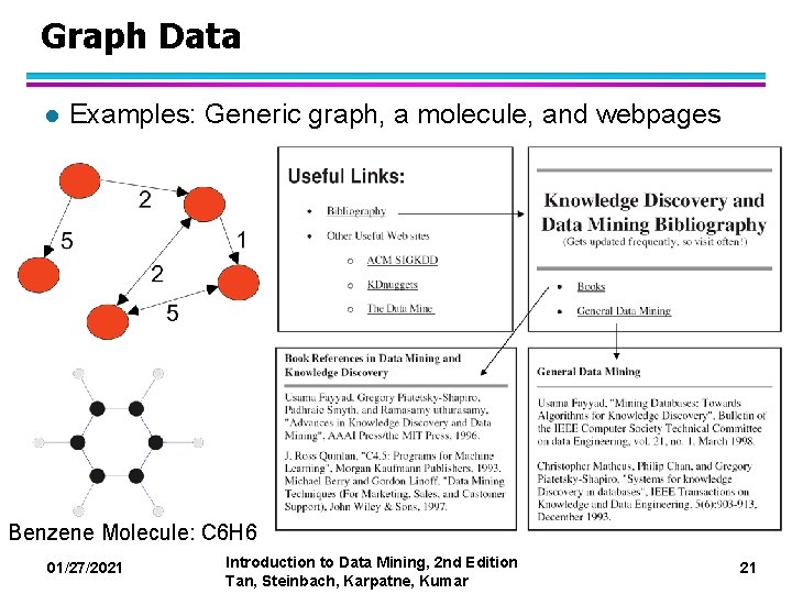 Graph Data l Examples: Generic graph, a molecule, and webpages Benzene Molecule: C 6