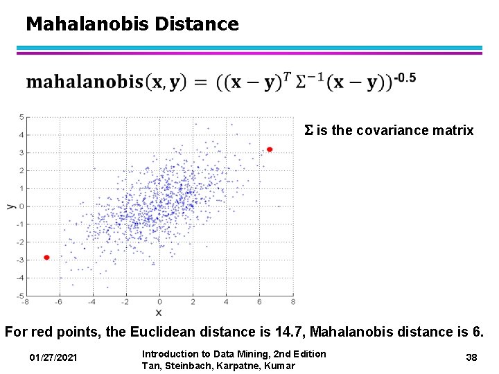 Mahalanobis Distance is the covariance matrix For red points, the Euclidean distance is 14.
