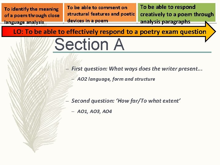 To identify the meaning of a poem through close language analysis To be able