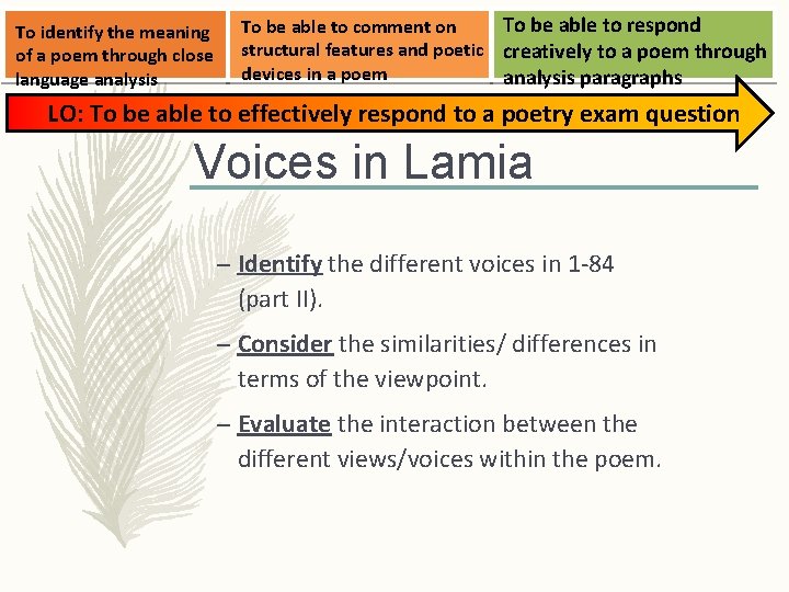 To identify the meaning of a poem through close language analysis To be able