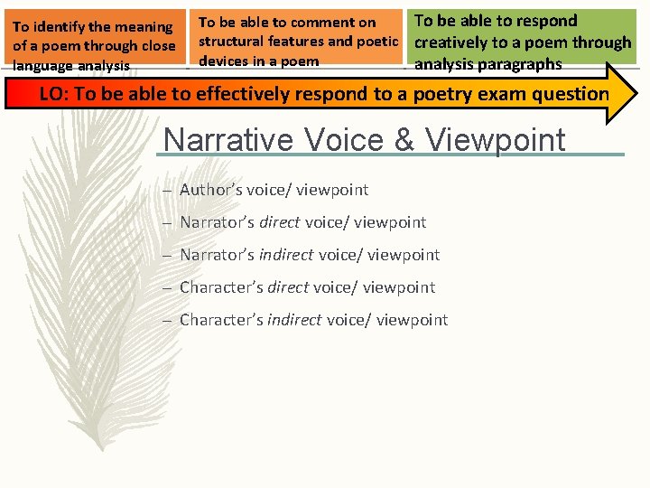 To identify the meaning of a poem through close language analysis To be able