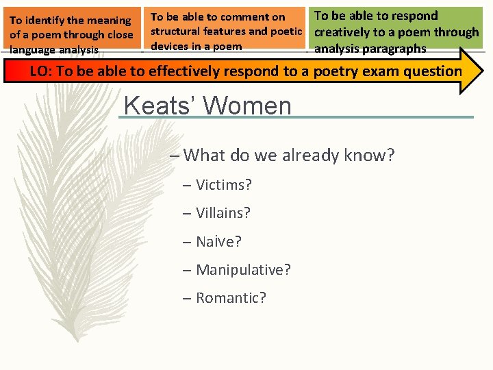 To identify the meaning of a poem through close language analysis To be able