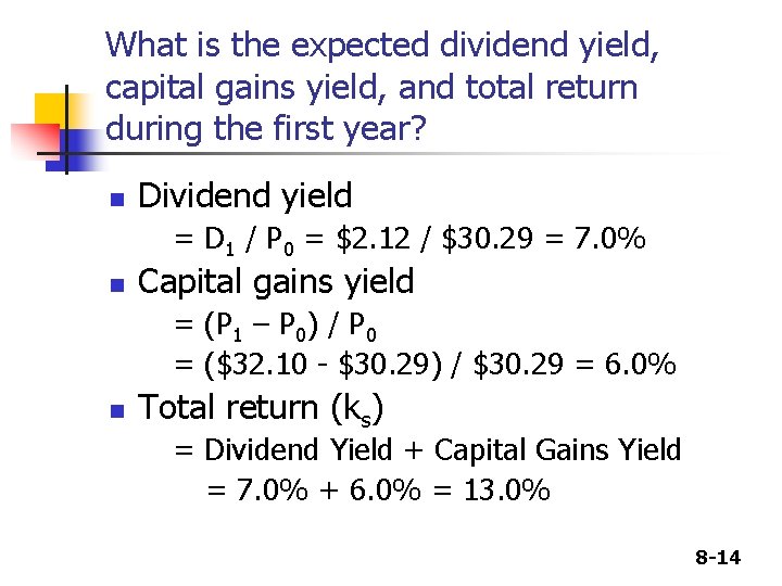 What is the expected dividend yield, capital gains yield, and total return during the