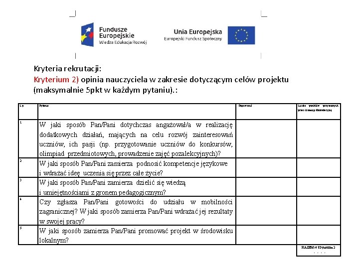 Kryteria rekrutacji: Kryterium 2) opinia nauczyciela w zakresie dotyczącym celów projektu (maksymalnie 5 pkt