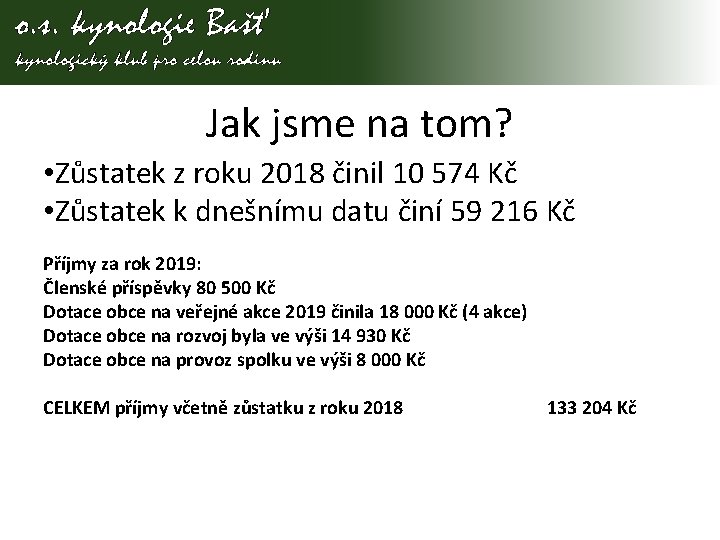 Jak jsme na tom? • Zůstatek z roku 2018 činil 10 574 Kč •