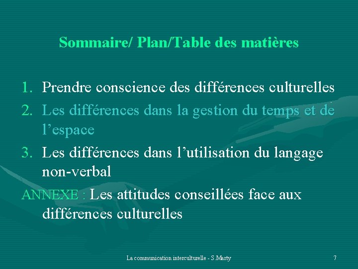 Sommaire/ Plan/Table des matières 1. Prendre conscience des différences culturelles 2. Les différences dans