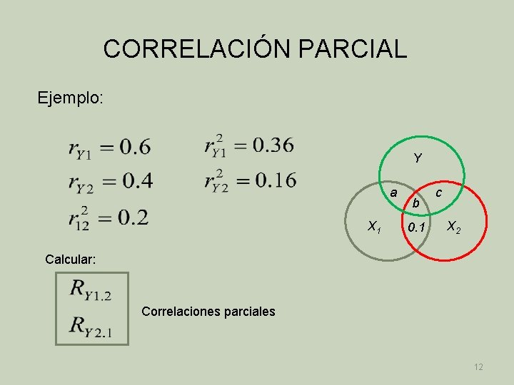 CORRELACIÓN PARCIAL Ejemplo: Y a X 1 b 0. 1 c X 2 Calcular: