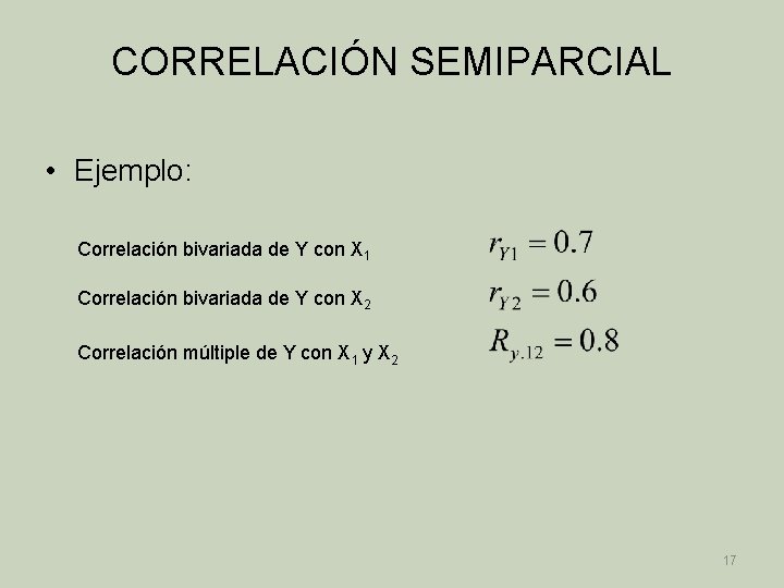CORRELACIÓN SEMIPARCIAL • Ejemplo: Correlación bivariada de Y con X 1 Correlación bivariada de