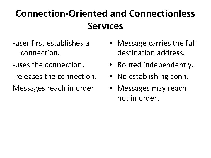 Connection-Oriented and Connectionless Services -user first establishes a connection. -uses the connection. -releases the