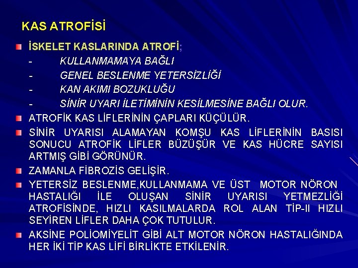 KAS ATROFİSİ İSKELET KASLARINDA ATROFİ; KULLANMAMAYA BAĞLI GENEL BESLENME YETERSİZLİĞİ KAN AKIMI BOZUKLUĞU SİNİR