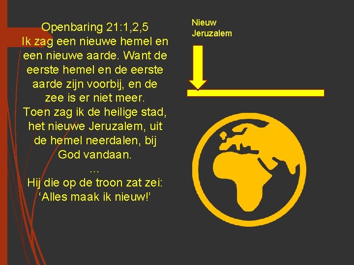 Openbaring 21: 1, 2, 5 Ik zag een nieuwe hemel en een nieuwe aarde.