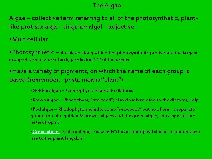 The Algae – collective term referring to all of the photosynthetic, plantlike protists; alga