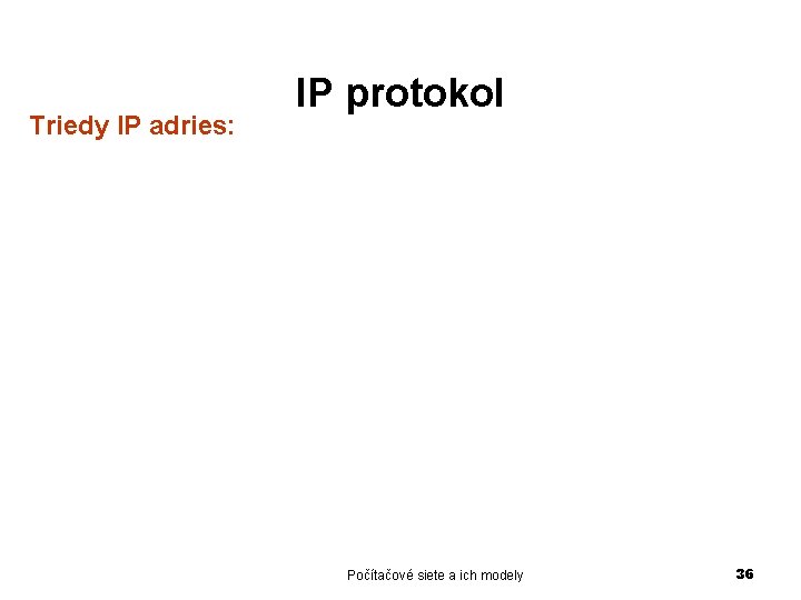 Triedy IP adries: IP protokol Počítačové siete a ich modely 36 