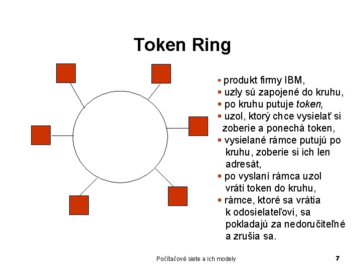 Token Ring § produkt firmy IBM, § uzly sú zapojené do kruhu, § po