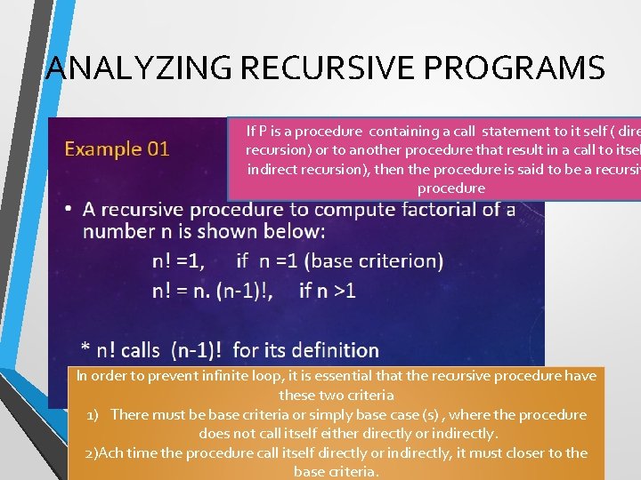 ANALYZING RECURSIVE PROGRAMS If P is a procedure containing a call statement to it