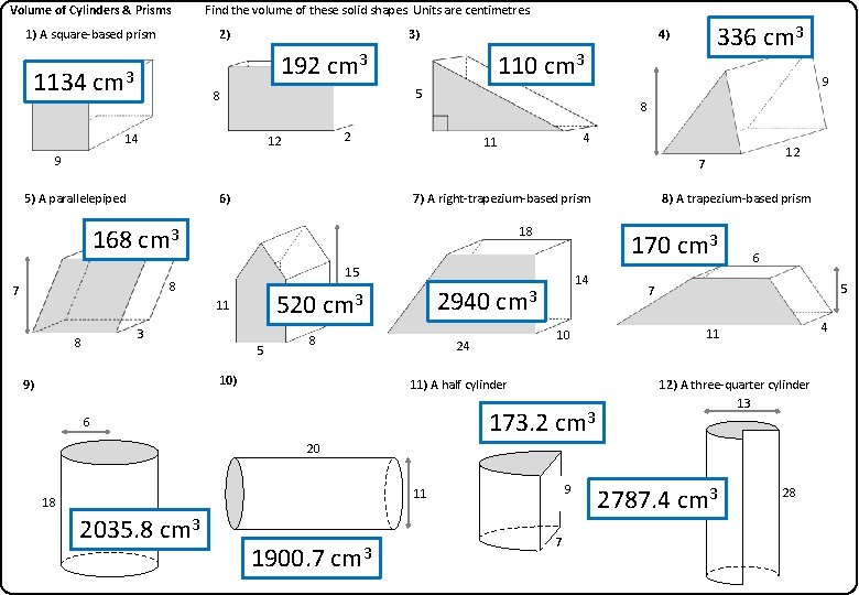Volume of Cylinders & Prisms 1) A square-based prism Find the volume of these