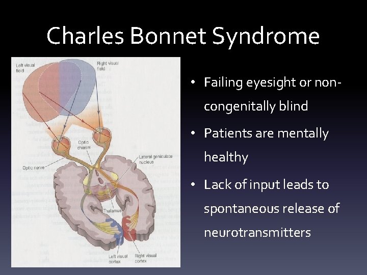 Charles Bonnet Syndrome • Failing eyesight or noncongenitally blind • Patients are mentally healthy