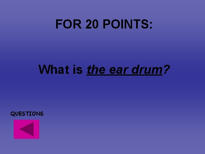 FOR 20 POINTS: What is the ear drum? QUESTIONS FOR 20 POINTS: What is the ear drum? QUESTIONS