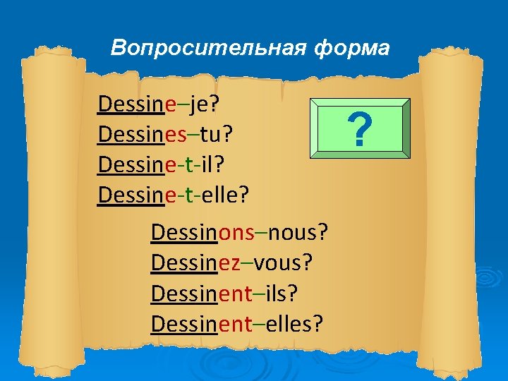 Вопросительная форма Dessine–je? Dessines–tu? Dessine-t-il? Dessine-t-elle? Dessinons–nous? Dessinez–vous? Dessinent–ils? Dessinent–elles? ? 