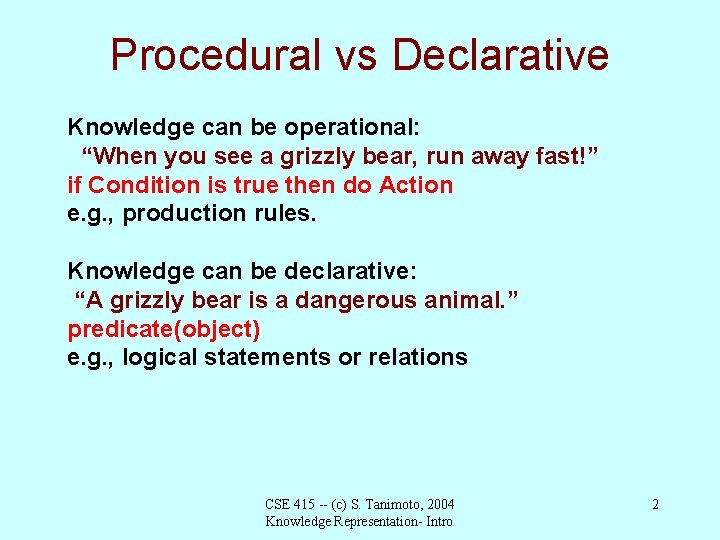 Procedural vs Declarative Knowledge can be operational: “When you see a grizzly bear, run