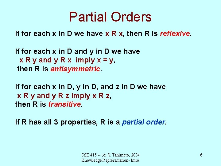 Partial Orders If for each x in D we have x R x, then