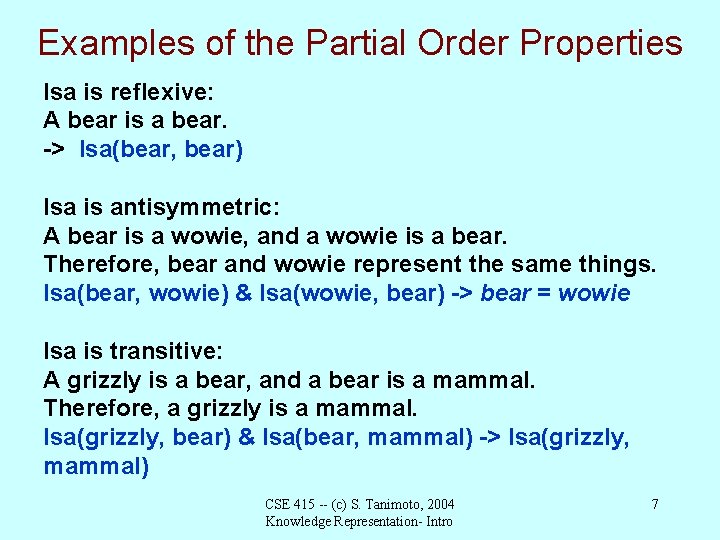 Examples of the Partial Order Properties Isa is reflexive: A bear is a bear.