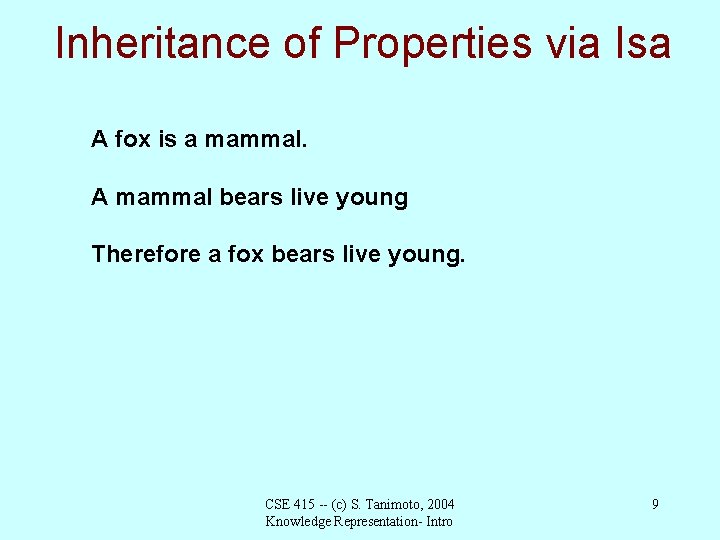 Inheritance of Properties via Isa A fox is a mammal. A mammal bears live