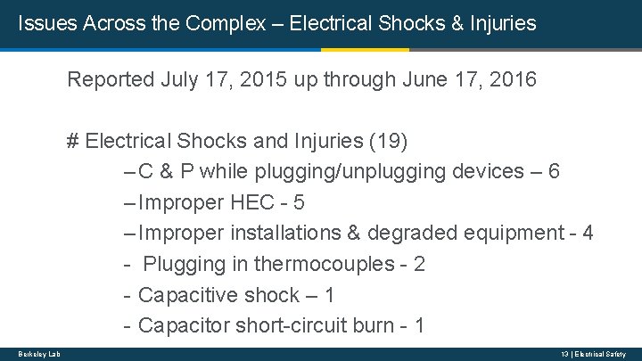 Issues Across the Complex – Electrical Shocks & Injuries Reported July 17, 2015 up