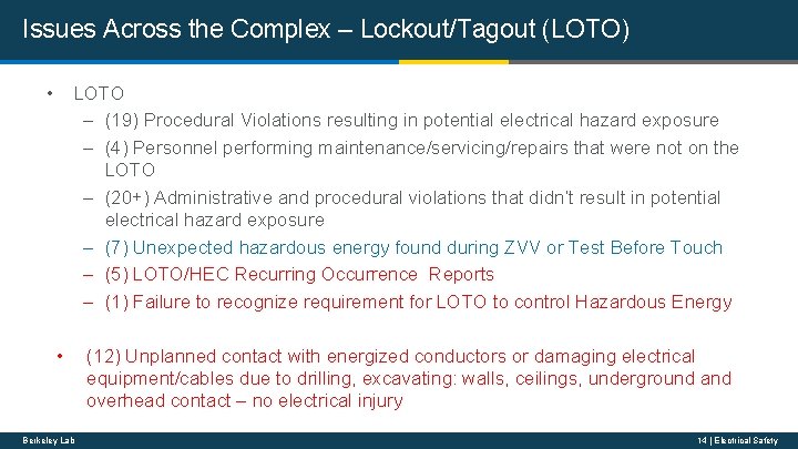 Issues Across the Complex – Lockout/Tagout (LOTO) • LOTO – (19) Procedural Violations resulting