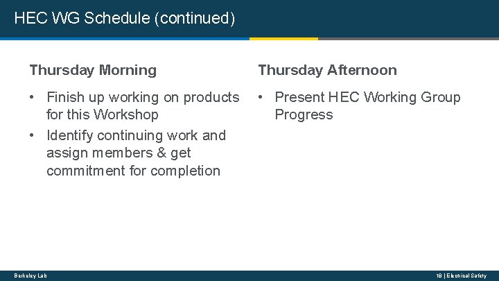 HEC WG Schedule (continued) Thursday Morning Thursday Afternoon • Finish up working on products