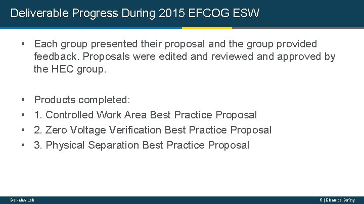 Deliverable Progress During 2015 EFCOG ESW • Each group presented their proposal and the