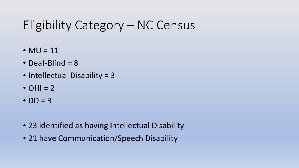 Eligibility Category – NC Census • MU = 11 • Deaf-Blind = 8 •