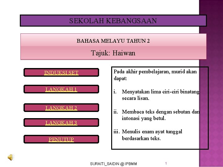 SEKOLAH KEBANGSAAN BAHASA MELAYU TAHUN 2 Tajuk: Haiwan INDUKSI SET Pada akhir pembelajaran, murid