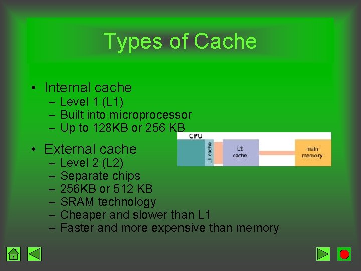 Types of Cache • Internal cache – Level 1 (L 1) – Built into