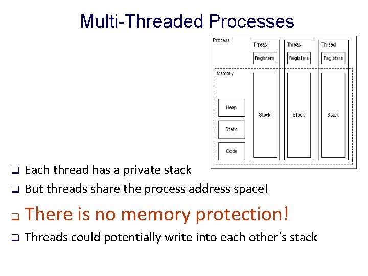 Multi-Threaded Processes q Each thread has a private stack But threads share the process