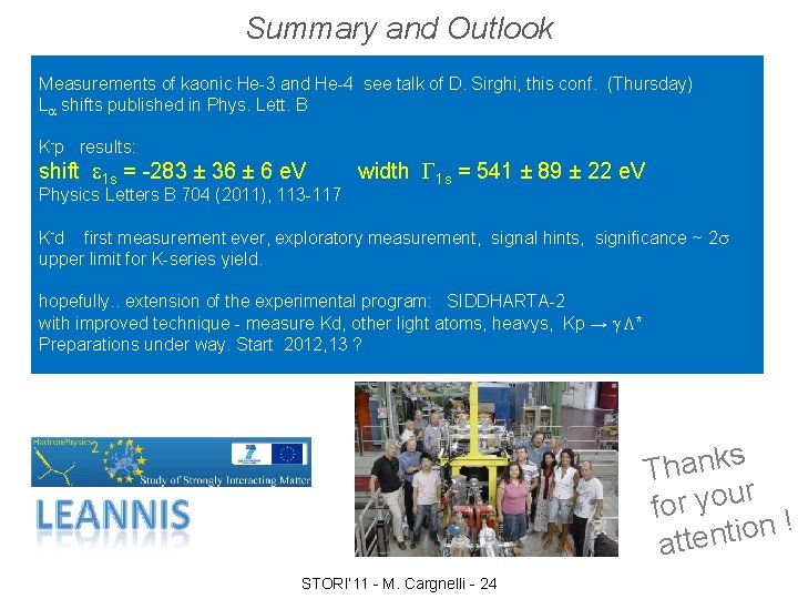 Summary and Outlook Measurements of kaonic He-3 and He-4 see talk of D. Sirghi,