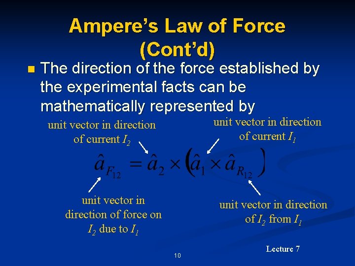 Ampere’s Law of Force (Cont’d) n The direction of the force established by the