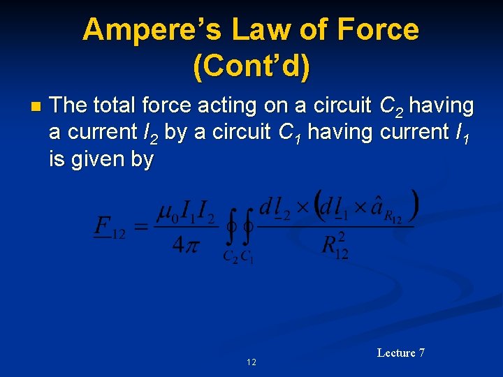 Ampere’s Law of Force (Cont’d) n The total force acting on a circuit C