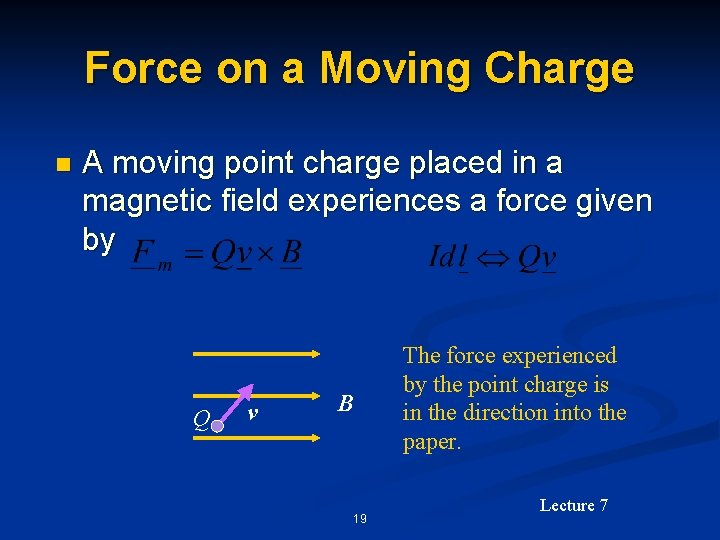 Force on a Moving Charge n A moving point charge placed in a magnetic