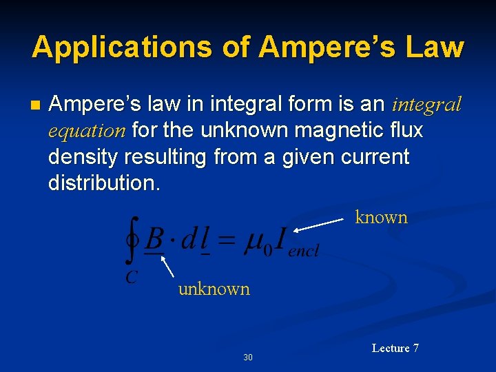 Applications of Ampere’s Law n Ampere’s law in integral form is an integral equation