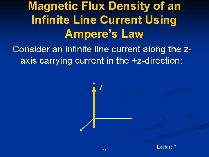Magnetic Flux Density of an Infinite Line Current Using Ampere’s Law Consider an infinite