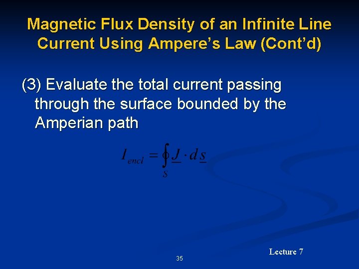 Magnetic Flux Density of an Infinite Line Current Using Ampere’s Law (Cont’d) (3) Evaluate