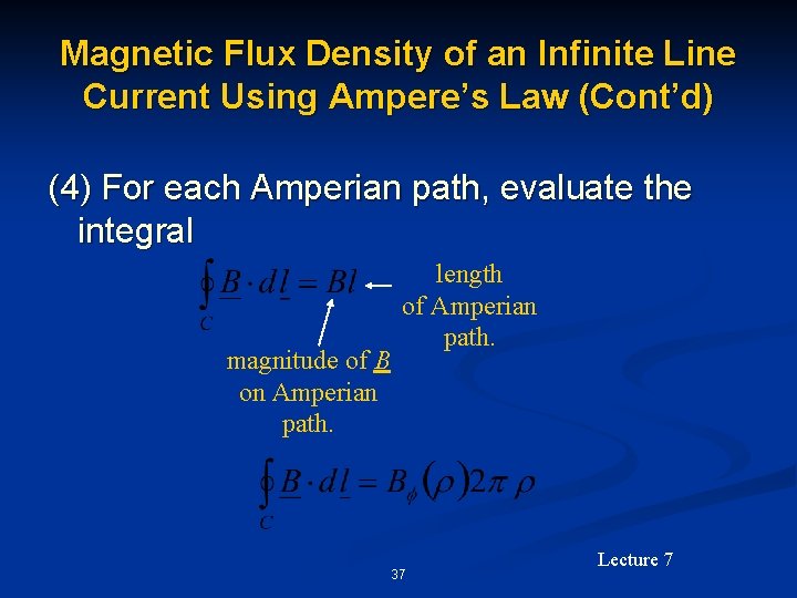 Magnetic Flux Density of an Infinite Line Current Using Ampere’s Law (Cont’d) (4) For