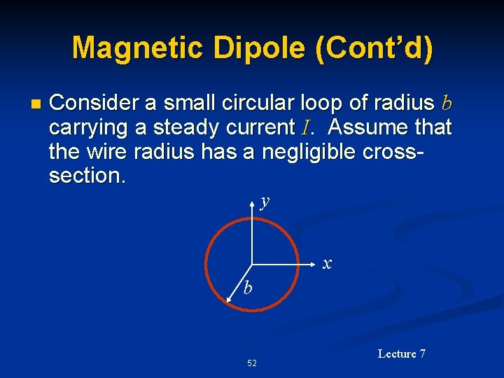 Magnetic Dipole (Cont’d) n Consider a small circular loop of radius b carrying a