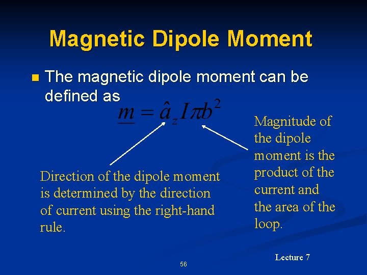 Magnetic Dipole Moment n The magnetic dipole moment can be defined as Direction of