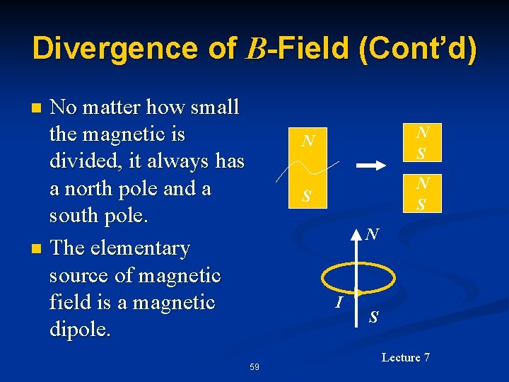 Divergence of B-Field (Cont’d) No matter how small the magnetic is divided, it always