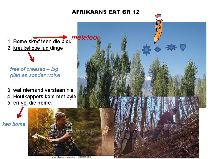 AFRIKAANS EAT GR 12 metafoor 1 Bome skryf teen die blou 2 kreukellose lug