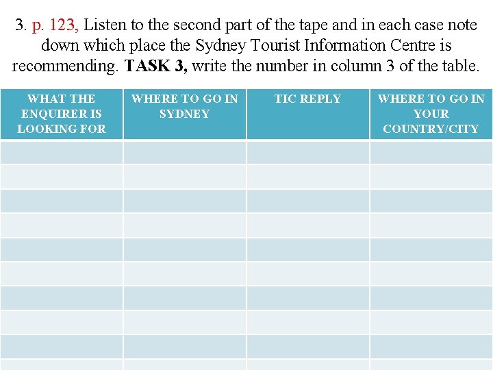 3. p. 123, Listen to the second part of the tape and in each