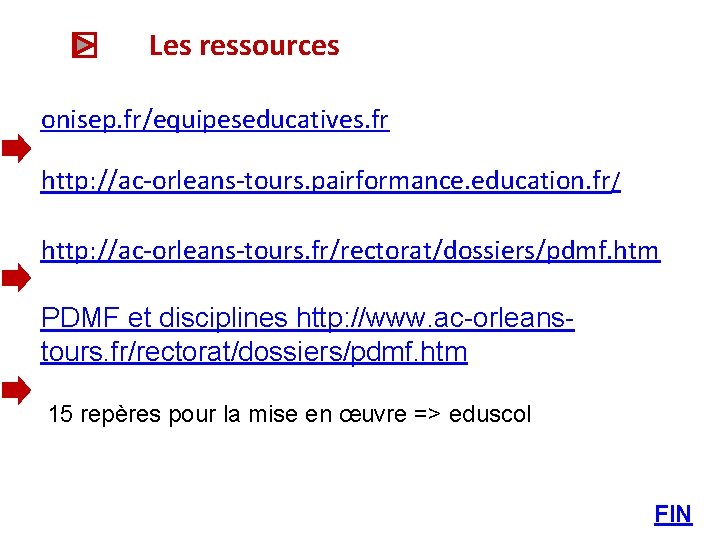 Les ressources onisep. fr/equipeseducatives. fr http: //ac-orleans-tours. pairformance. education. fr/ http: //ac-orleans-tours. fr/rectorat/dossiers/pdmf. htm